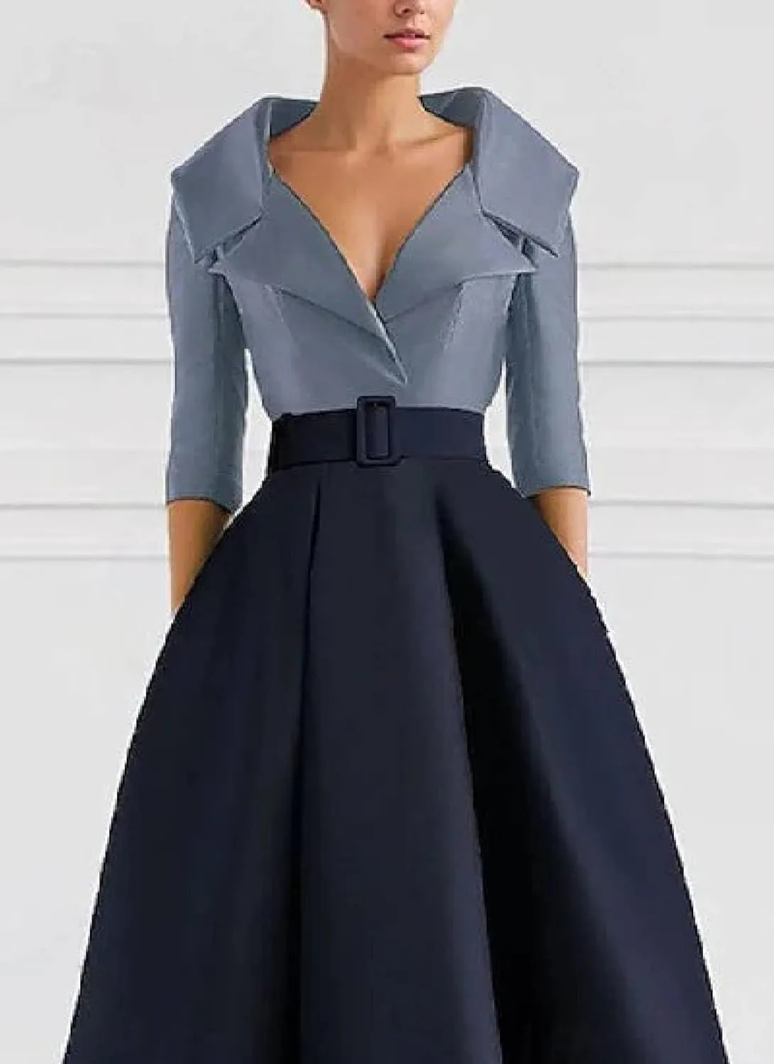 Women's Summer Elegant Gorgeous Navy Color Block V Neck High Waist Ruffle Short Sleeve Dinner Party Maxi Dress