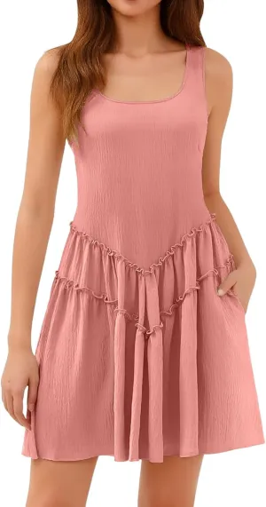 Womens Summer Mini Dress Casual Sleeveless Crewneck Knitted Crochet Hem Flowy Sundress Ruffle Tiered Tank Dresses