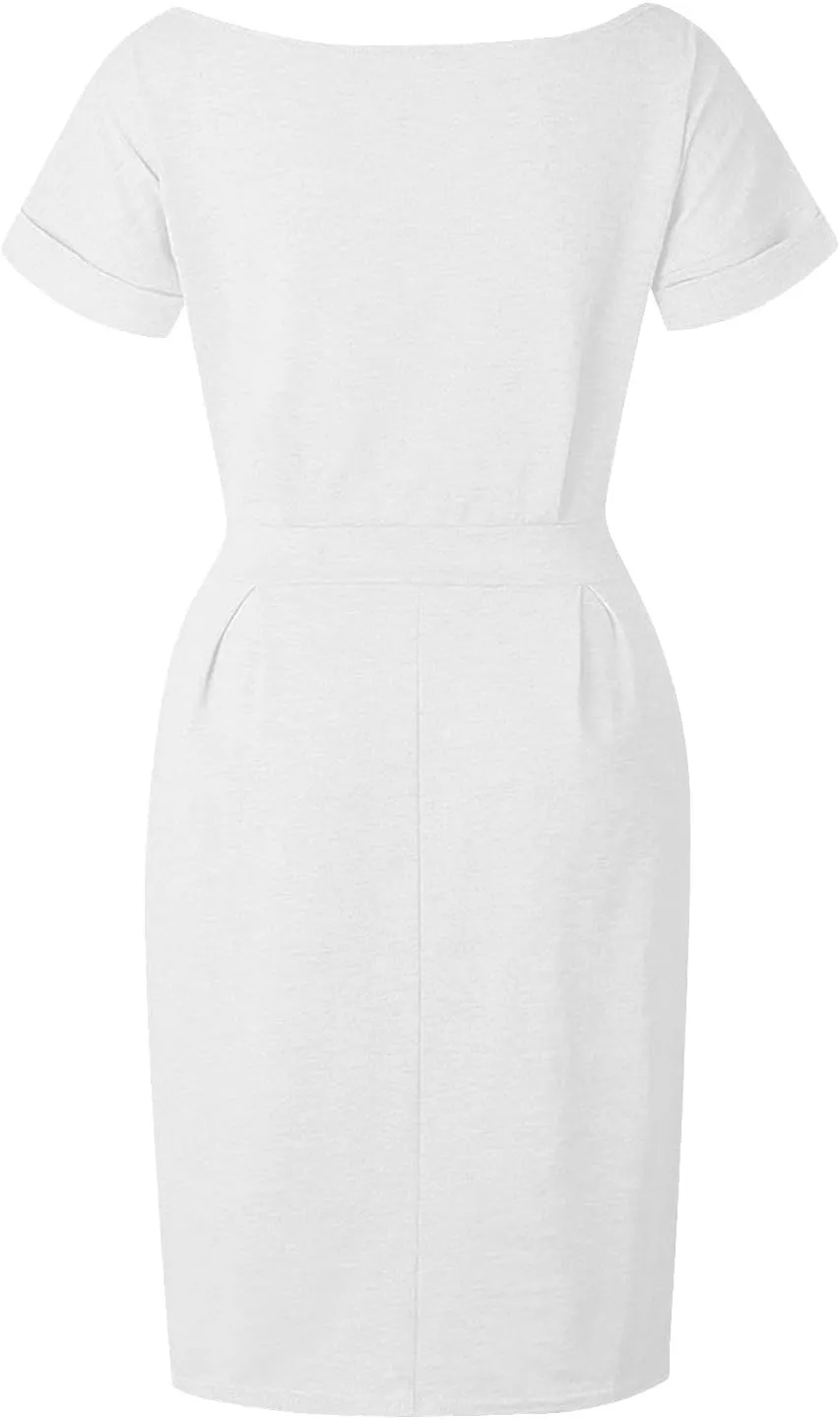 Women's Summer Short Sleeve T Shirt Dress Solid Color Casual Tie Waist 2025 Vacation Midi Dresses with Pockets