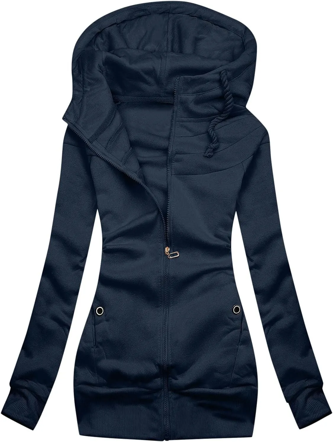 Womens Temperament Drawstring Solid Outwear Long Sleeve Zipper Overcoat Casual Soft Slim Jacket Coat Outdoor Clothes