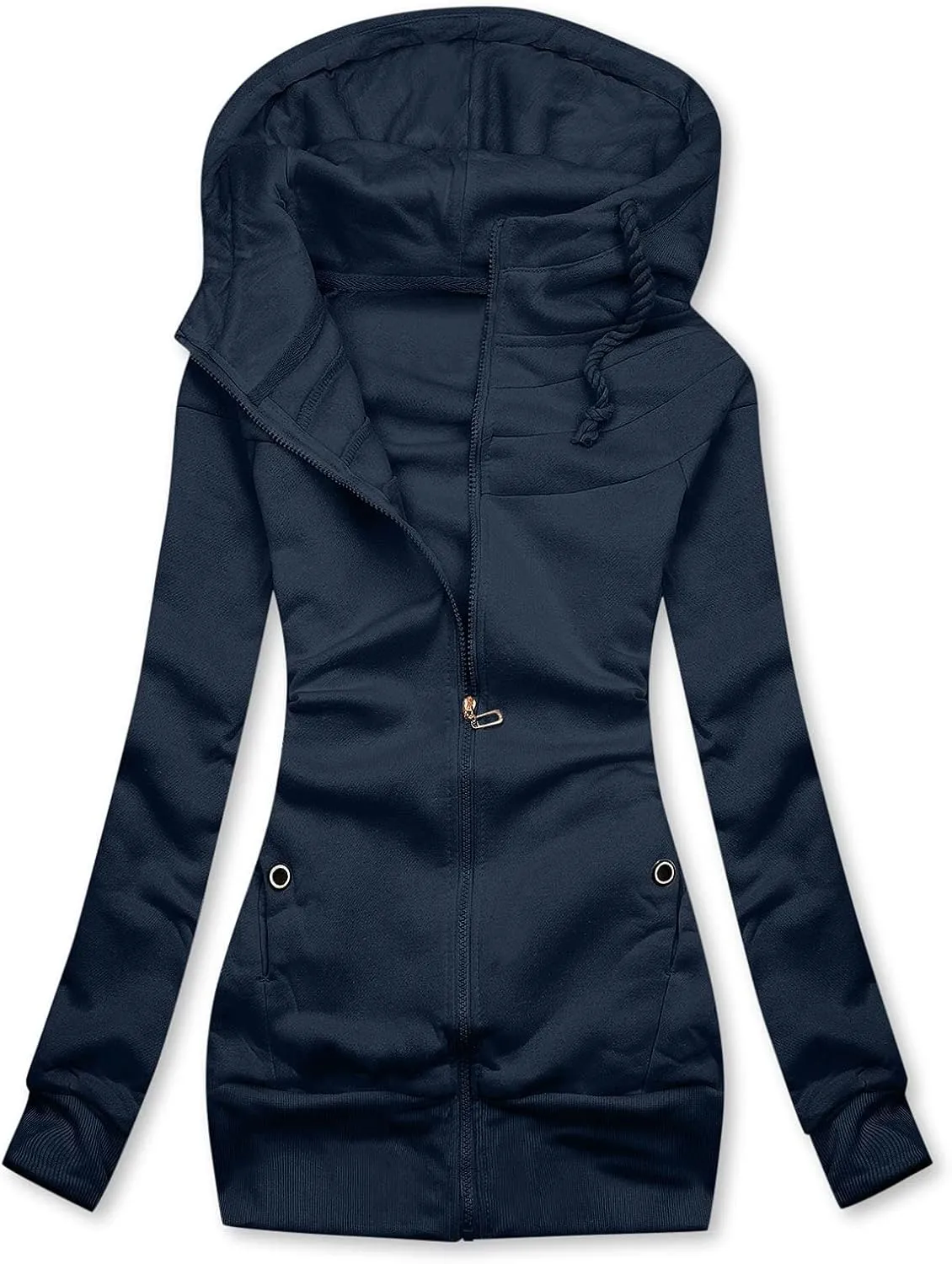 Womens Temperament Drawstring Solid Outwear Long Sleeve Zipper Overcoat Casual Soft Slim Jacket Coat Outdoor Clothes