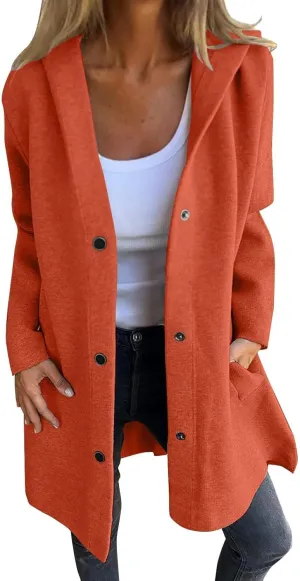 Womens Trench Coat with Hood Snap Button Jacket Plus Size Pea Coat Open Front Cardigan Casual Fall Winter Outfits