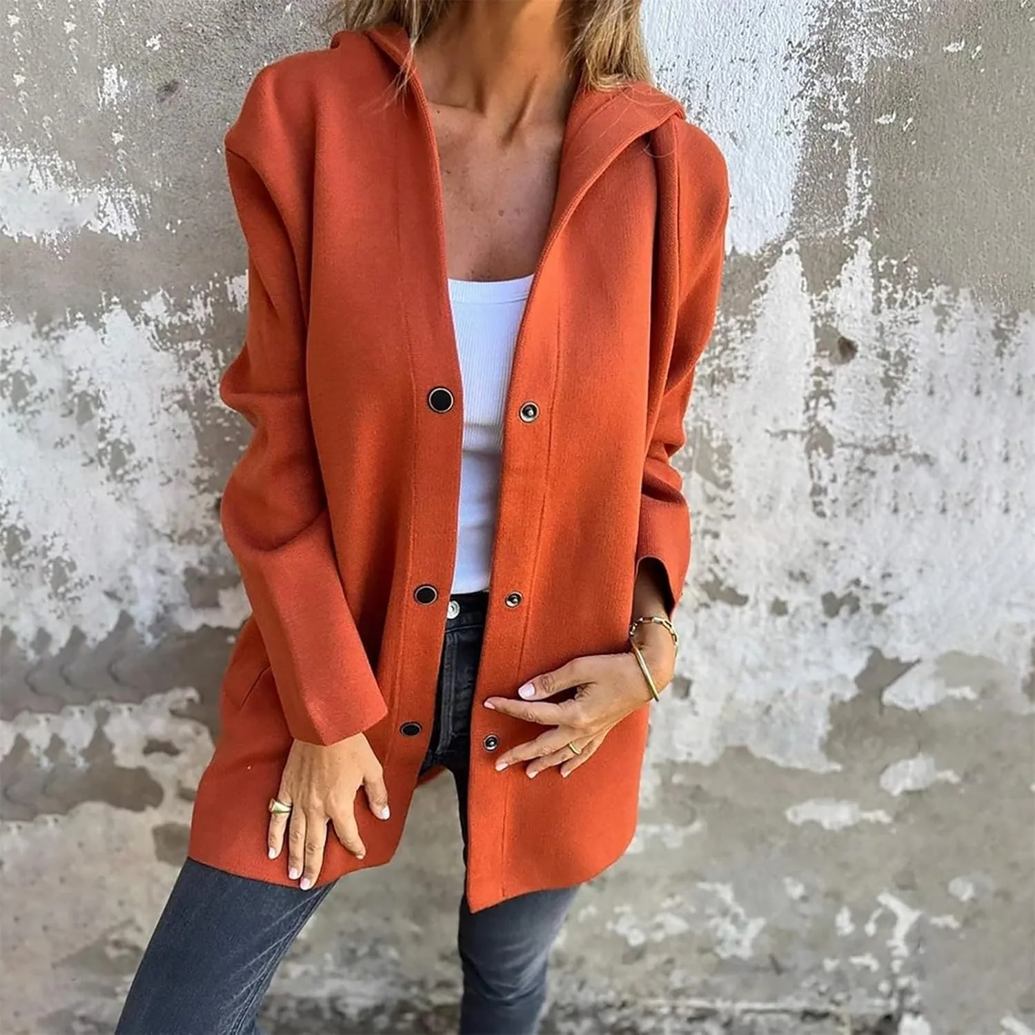 Womens Trench Coat with Hood Snap Button Jacket Plus Size Pea Coat Open Front Cardigan Casual Fall Winter Outfits