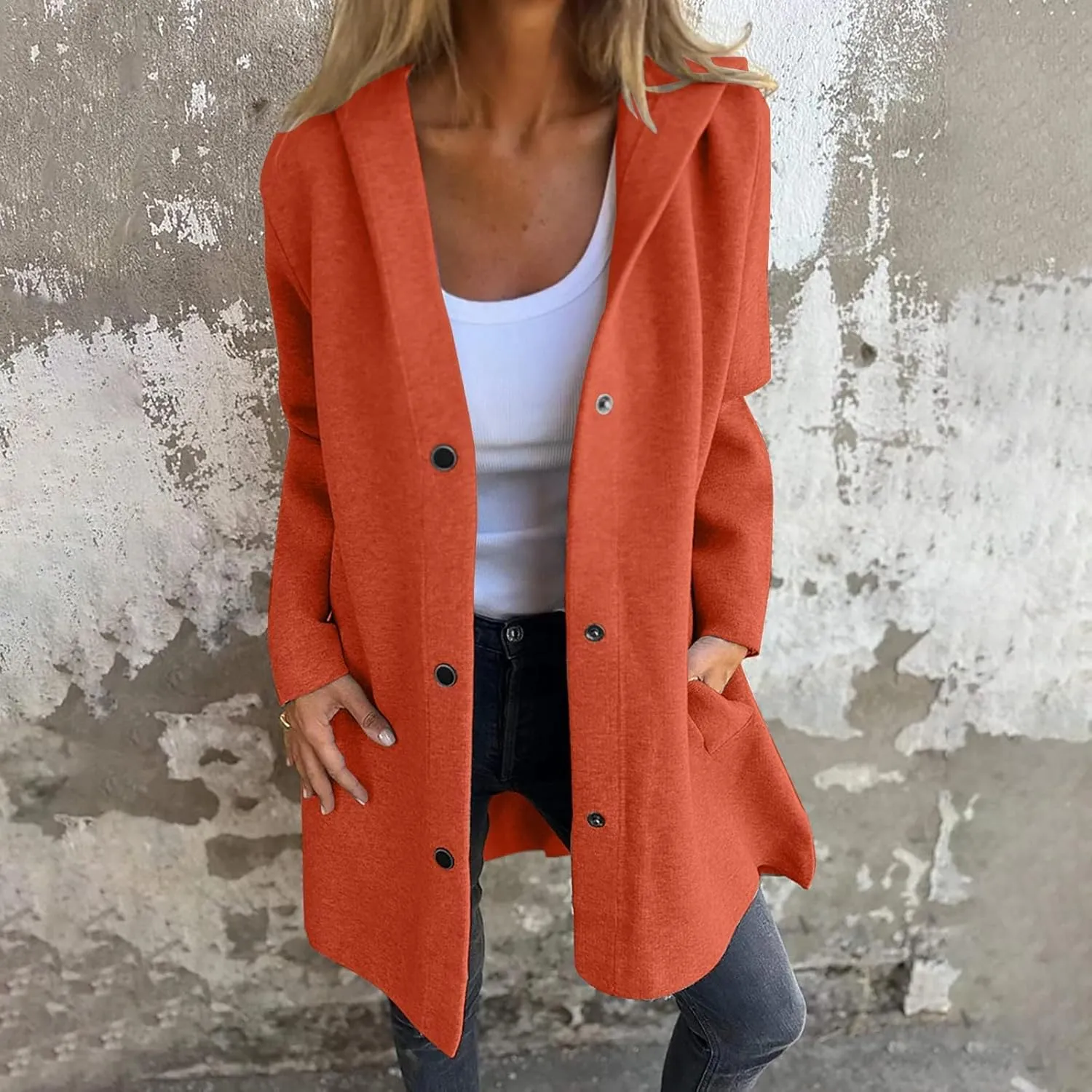 Womens Trench Coat with Hood Snap Button Jacket Plus Size Pea Coat Open Front Cardigan Casual Fall Winter Outfits