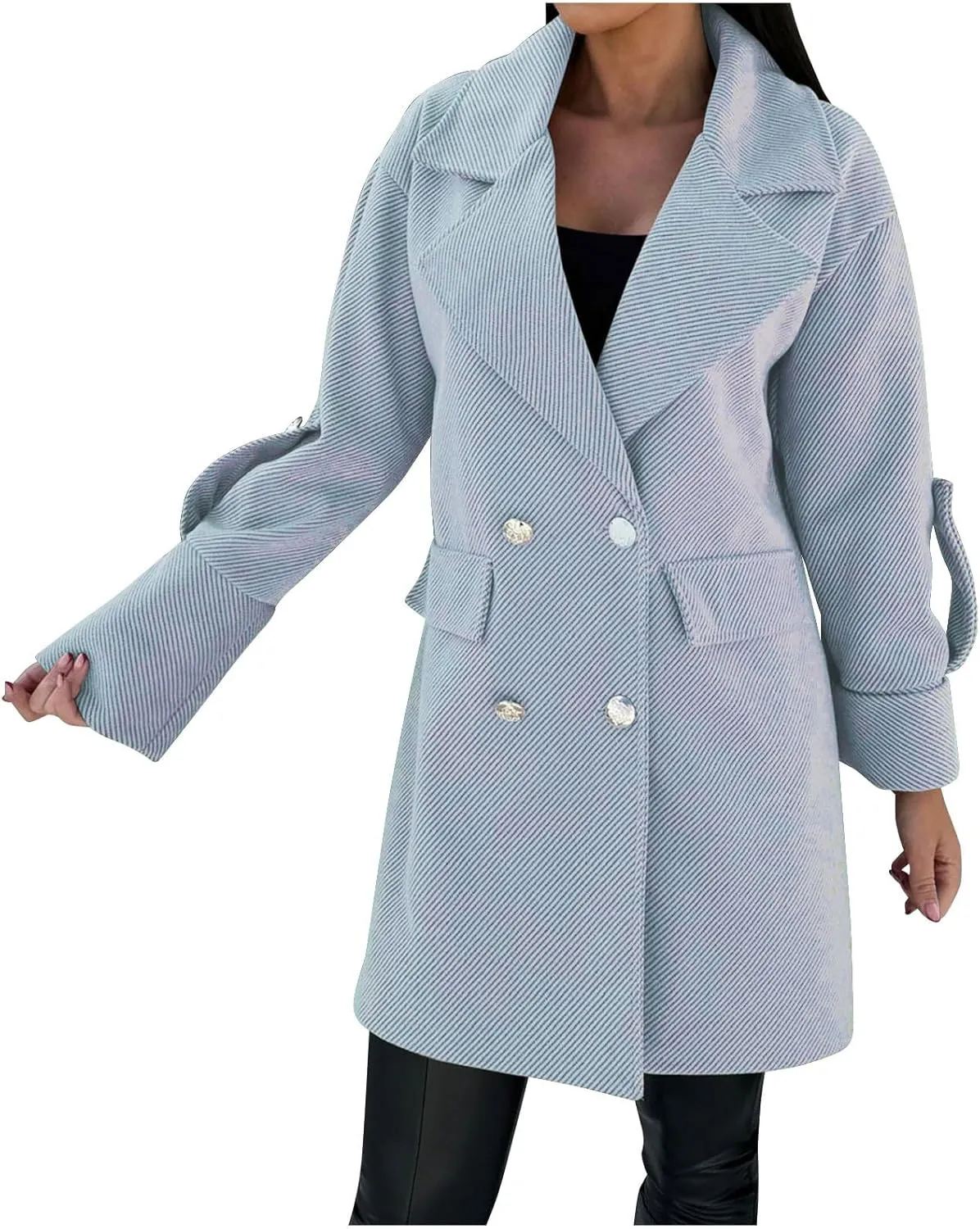 Women's Trench Coats Double Breasted Long Coat Notch Lapel Pea Coat Trendy Work Office Jackets Casual Fall Winter Coat