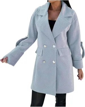 Women's Trench Coats Double Breasted Long Coat Notch Lapel Pea Coat Trendy Work Office Jackets Casual Fall Winter Coat