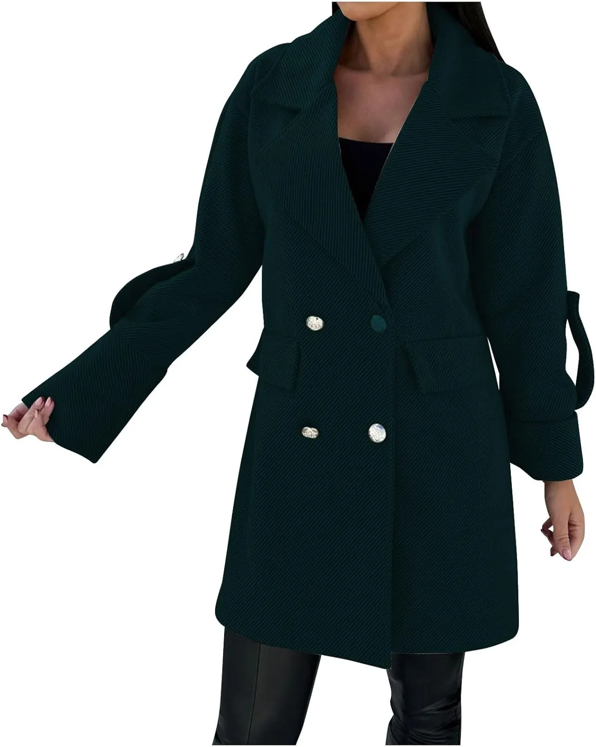 Women's Trench Coats Double Breasted Long Coat Notch Lapel Pea Coat Trendy Work Office Jackets Casual Fall Winter Coat