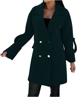 Women's Trench Coats Double Breasted Long Coat Notch Lapel Pea Coat Trendy Work Office Jackets Casual Fall Winter Coat
