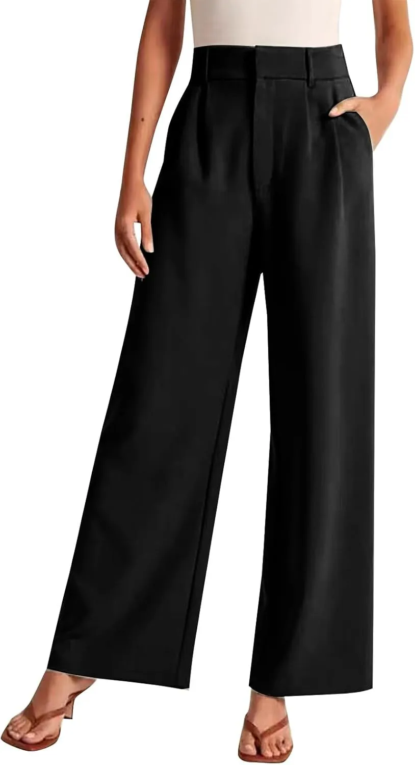 Women's Trousers Solid Color Thin High Waist Wide Leg Pants Womens Casual Stretchy Work Pants with Pockets