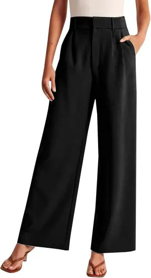 Women's Trousers Solid Color Thin High Waist Wide Leg Pants Womens Casual Stretchy Work Pants with Pockets