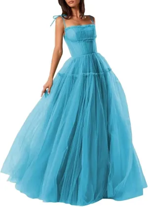 Women's Tulle Prom Dress A-Line Evening Party Gown 2025 Backless Bridesmaid Dresses Spaghetti Straps Princess Dress