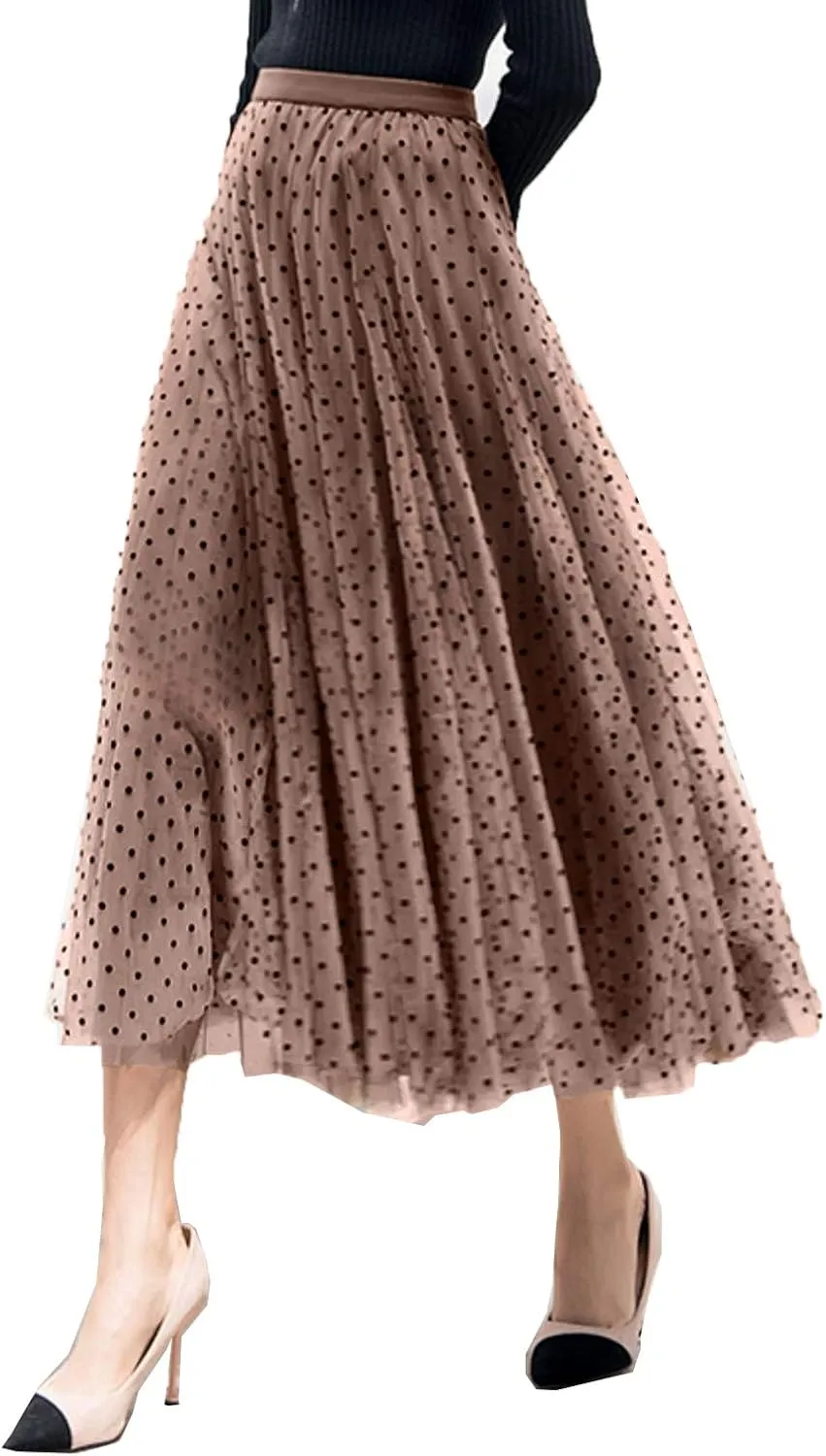 Women's Tulle Skirt Pleated Tutu Skirts Elastic High Waist Elegant Point Floral Printed Mesh Lady A Line Midi Skirt