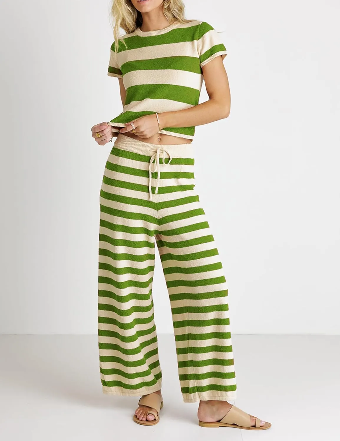Womens Two Piece Striped Set Short Sleeve Crop Top and Wide Leg Pants Knit Matching Sets