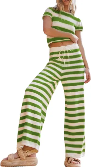 Womens Two Piece Striped Set Short Sleeve Crop Top and Wide Leg Pants Knit Matching Sets