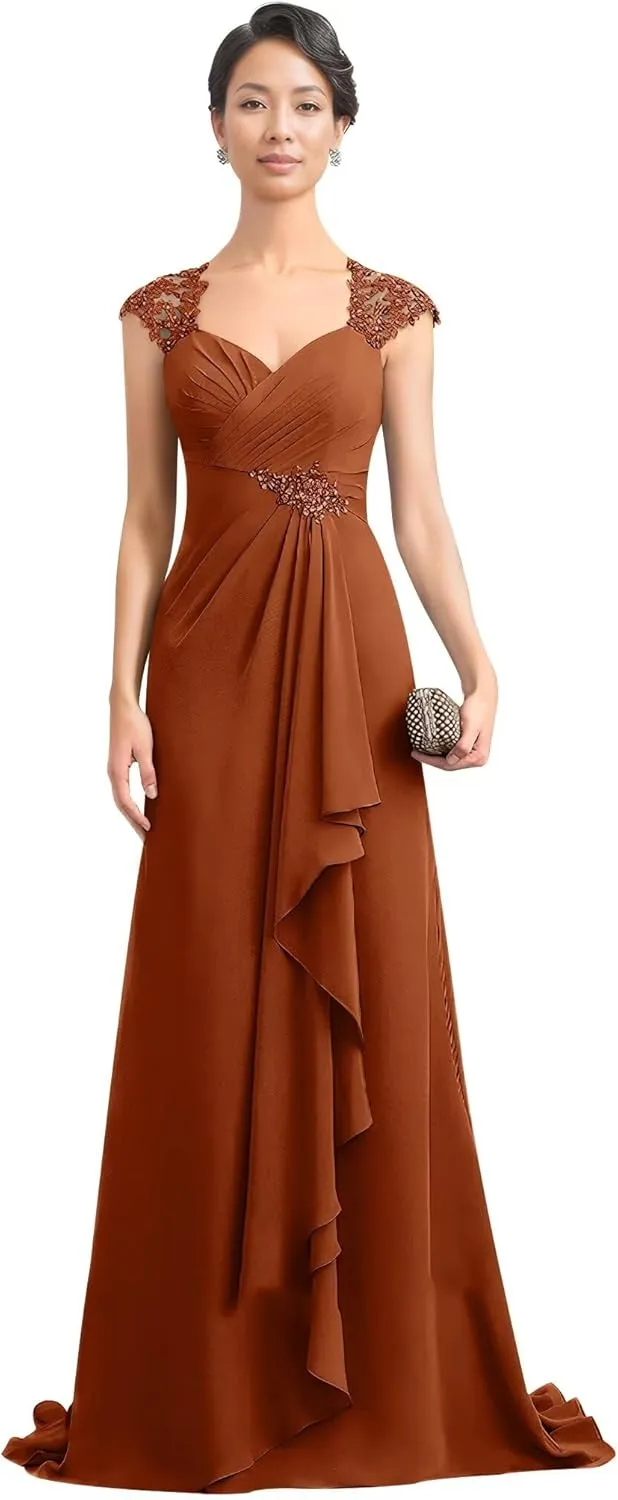 Women's V-Neck Lace Applique Mother of The Bride Dresses A-Line Ruffule Chiffon Formal Gowns and Evening Dresses