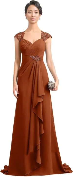 Women's V-Neck Lace Applique Mother of The Bride Dresses A-Line Ruffule Chiffon Formal Gowns and Evening Dresses