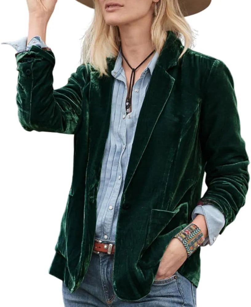 Womens Velvet Blazer Cozy Lightweight Outerwear Retro Button Long Sleeve Jacket Cardigan Coat Top Office Blazer Pockets