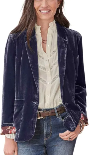Womens Velvet Blazer Cozy Lightweight Outerwear Retro Button Long Sleeve Jacket Cardigan Coat Top Office Blazer Pockets
