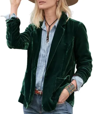 Womens Velvet Blazer Cozy Lightweight Outerwear Retro Button Long Sleeve Jacket Cardigan Coat Top Office Blazer Pockets