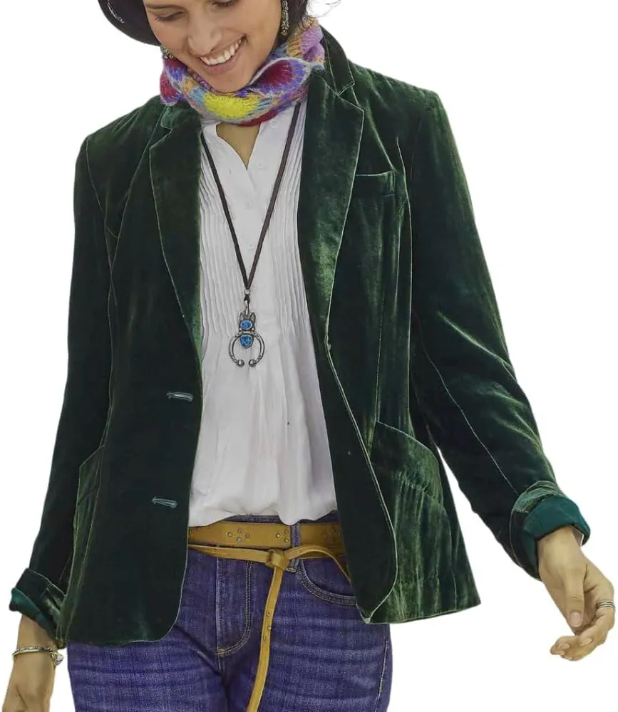 Womens Velvet Blazer Cozy Lightweight Outerwear Retro Button Long Sleeve Jacket Cardigan Coat Top Office Blazer Pockets