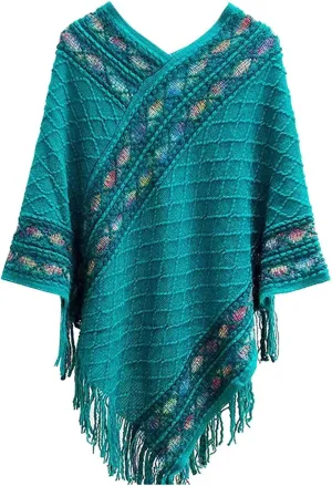 Women's Vintage Exotic Winter Warm Pullover Tassel Shawl On Various Occasions Shawl for Formal Dress (Blue, One Size)