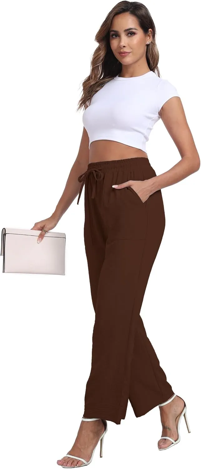 Women's Wide Leg Pants High Waist Adjustable Knot Loose Casual Trousers Business Work Casual Pants with Pockets
