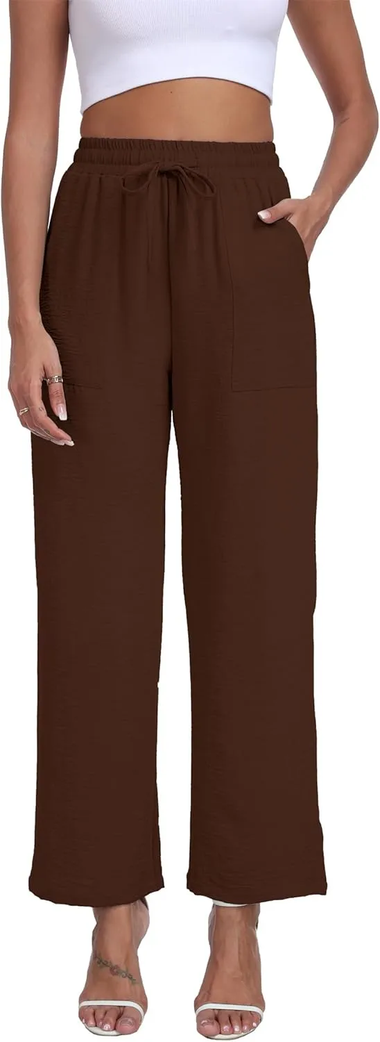 Women's Wide Leg Pants High Waist Adjustable Knot Loose Casual Trousers Business Work Casual Pants with Pockets