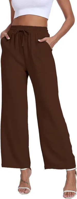 Women's Wide Leg Pants High Waist Adjustable Knot Loose Casual Trousers Business Work Casual Pants with Pockets