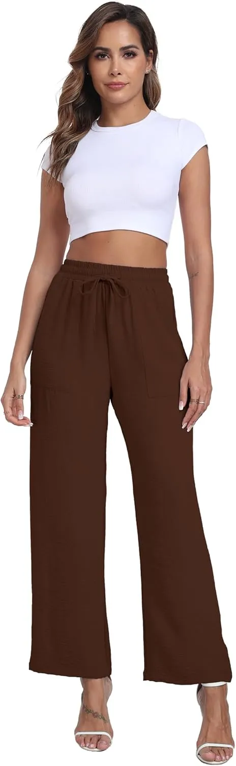 Women's Wide Leg Pants High Waist Adjustable Knot Loose Casual Trousers Business Work Casual Pants with Pockets