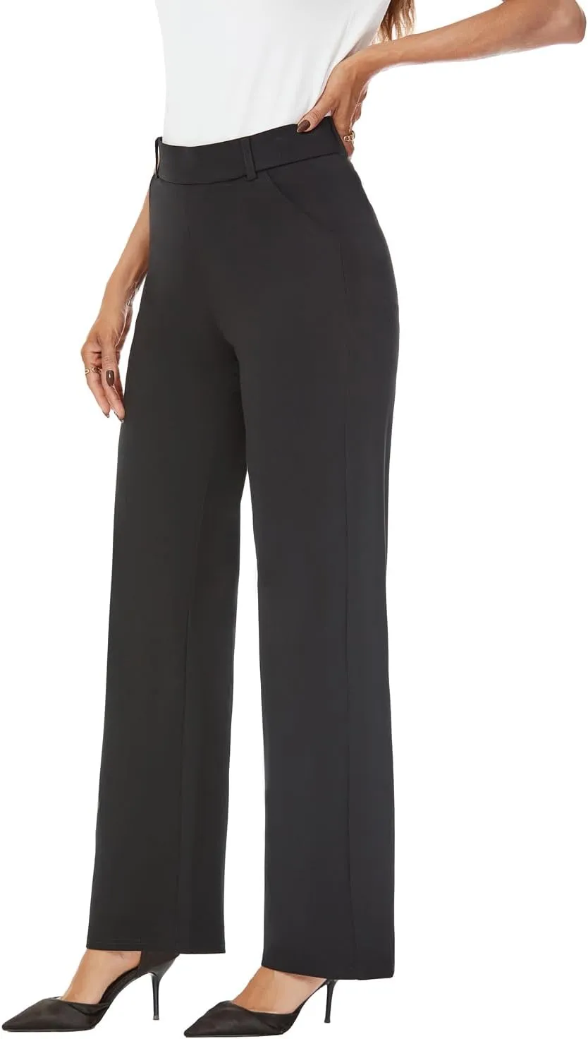 Womens Wide Straight Leg Pull-On Trousers Casual Slacks Dress Pants with Pockets