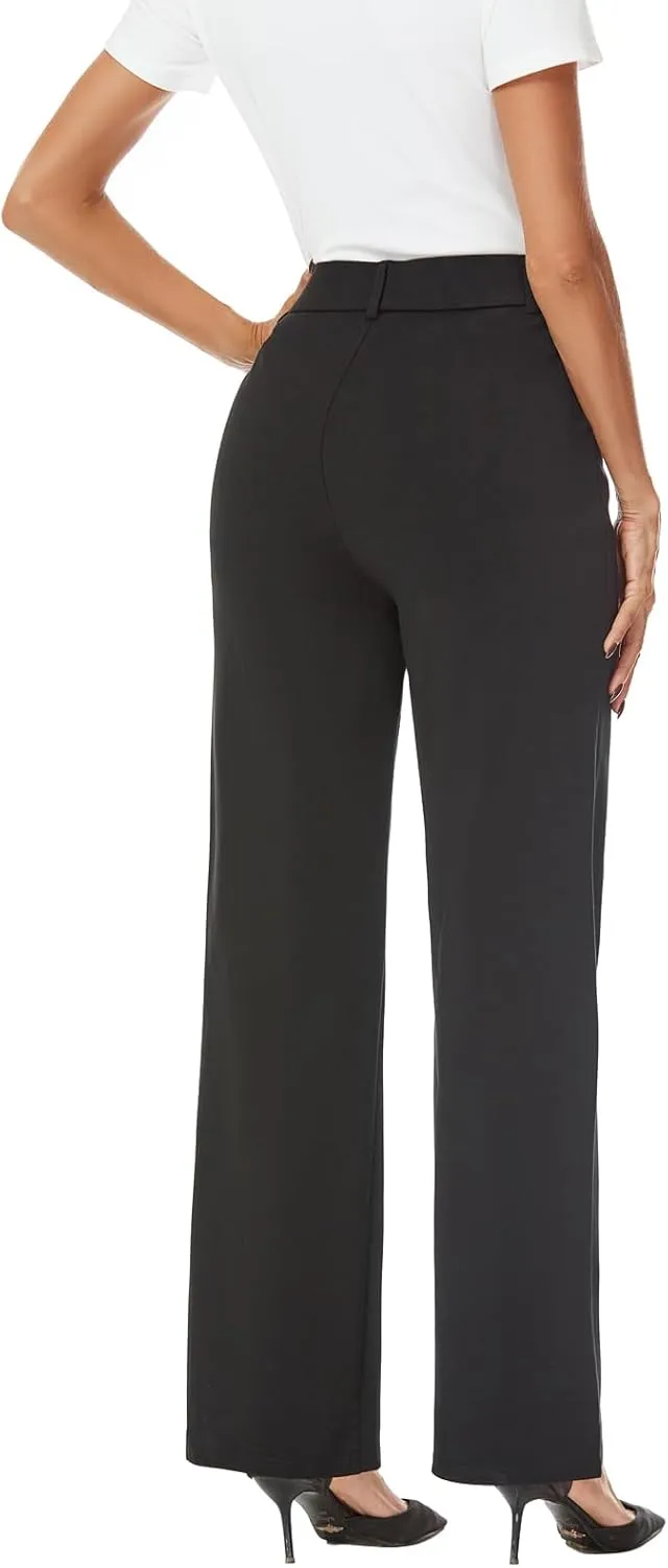 Womens Wide Straight Leg Pull-On Trousers Casual Slacks Dress Pants with Pockets