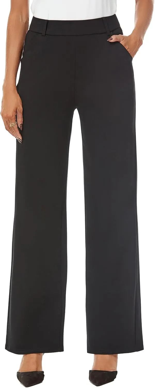 Womens Wide Straight Leg Pull-On Trousers Casual Slacks Dress Pants with Pockets