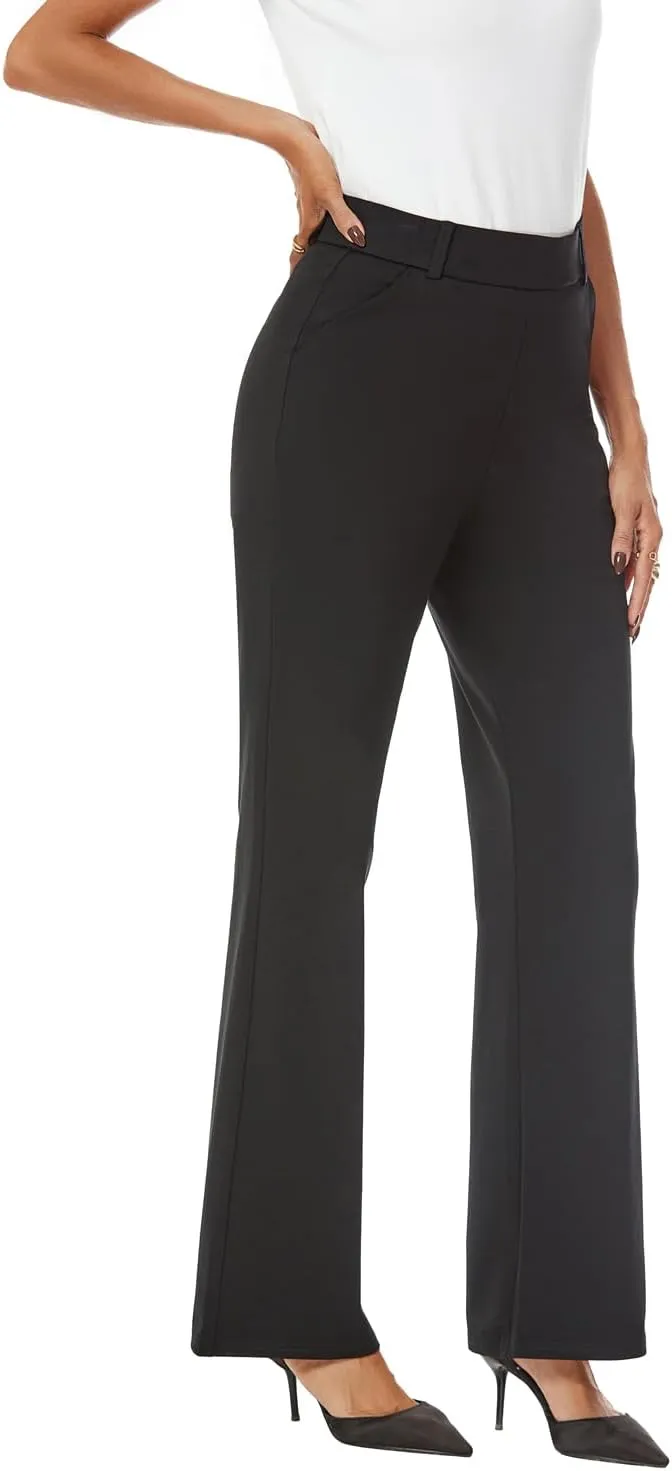 Womens Wide Straight Leg Pull-On Trousers Casual Slacks Dress Pants with Pockets