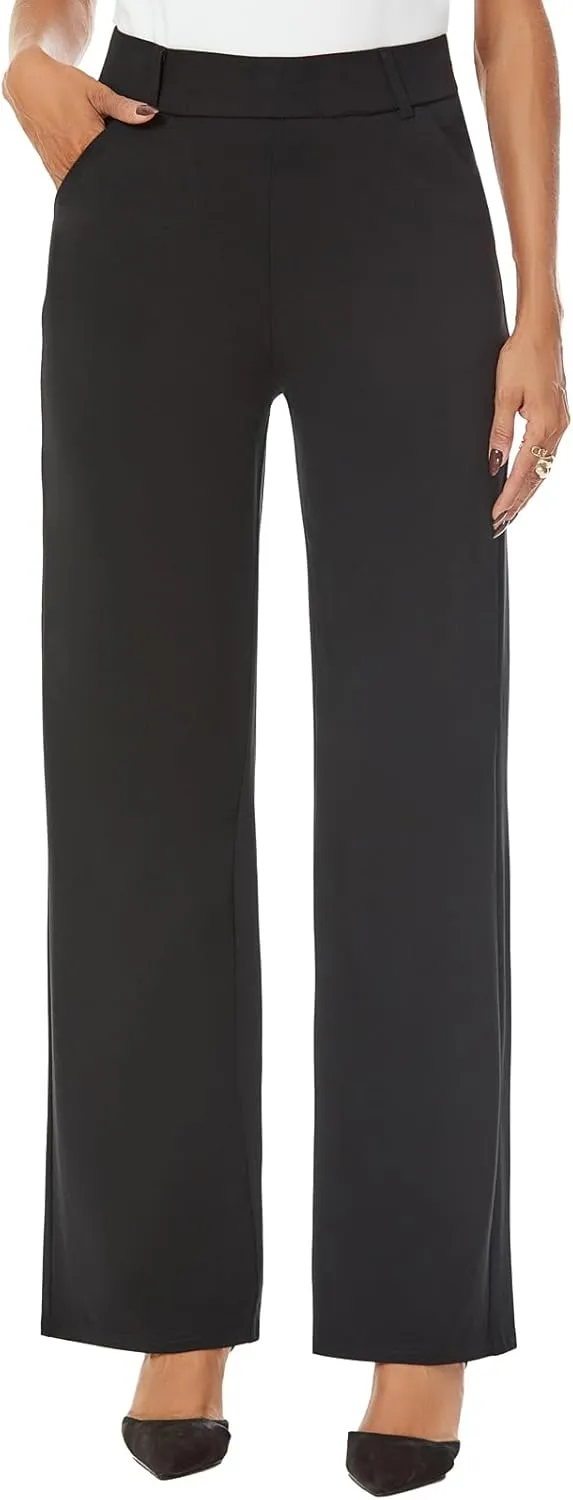 Womens Wide Straight Leg Pull-On Trousers Casual Slacks Dress Pants with Pockets