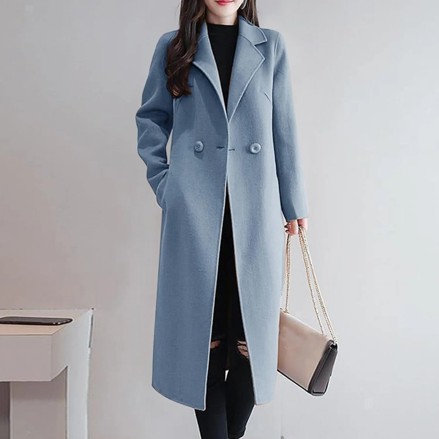 Women's Winter Double Breasted Wool Coat Long Sleeve Notch Lapel Long Trench Coat Fall Fashion for Women 2025 Trendy