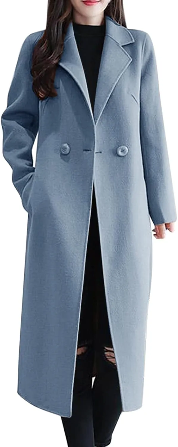 Women's Winter Double Breasted Wool Coat Long Sleeve Notch Lapel Long Trench Coat Fall Fashion for Women 2025 Trendy