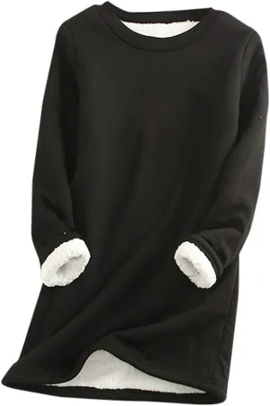 Women's Winter Sherpa Fleece Warm Lined Sweatshirt Long Sleeve Crewneck Plain Sweatshirt Casual Pullover Tops