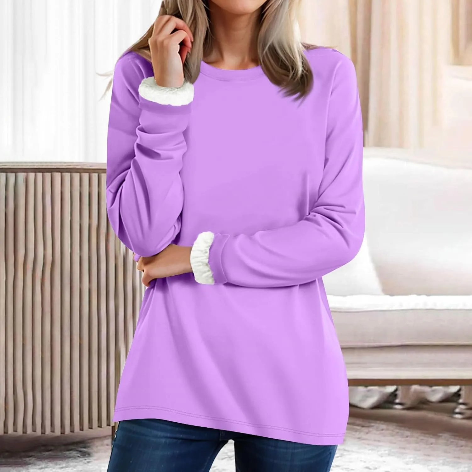 Women's Winter Sherpa Fleece Warm Lined Sweatshirt Long Sleeve Crewneck Plain Sweatshirt Casual Pullover Tops