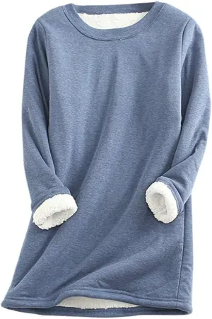 Women's Winter Sherpa Fleece Warm Lined Sweatshirt Long Sleeve Crewneck Plain Sweatshirt Casual Pullover Tops