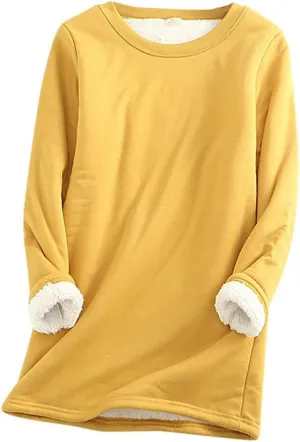 Women's Winter Sherpa Fleece Warm Lined Sweatshirt Long Sleeve Crewneck Plain Sweatshirt Casual Pullover Tops