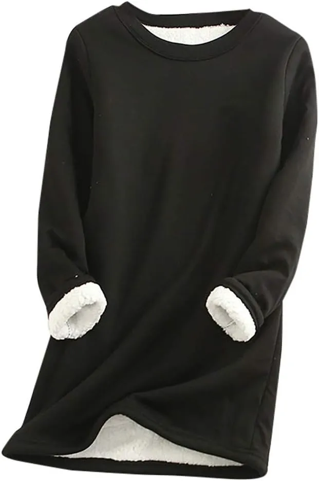 Women's Winter Sherpa Fleece Warm Lined Sweatshirt Long Sleeve Crewneck Plain Sweatshirt Casual Pullover Tops