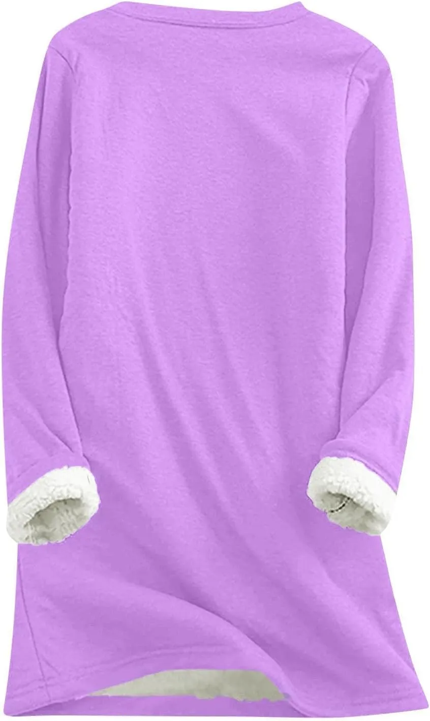 Women's Winter Sherpa Fleece Warm Lined Sweatshirt Long Sleeve Crewneck Plain Sweatshirt Casual Pullover Tops