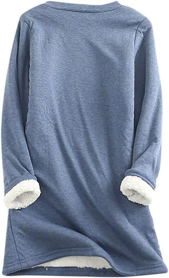 Women's Winter Sherpa Fleece Warm Lined Sweatshirt Long Sleeve Crewneck Plain Sweatshirt Casual Pullover Tops