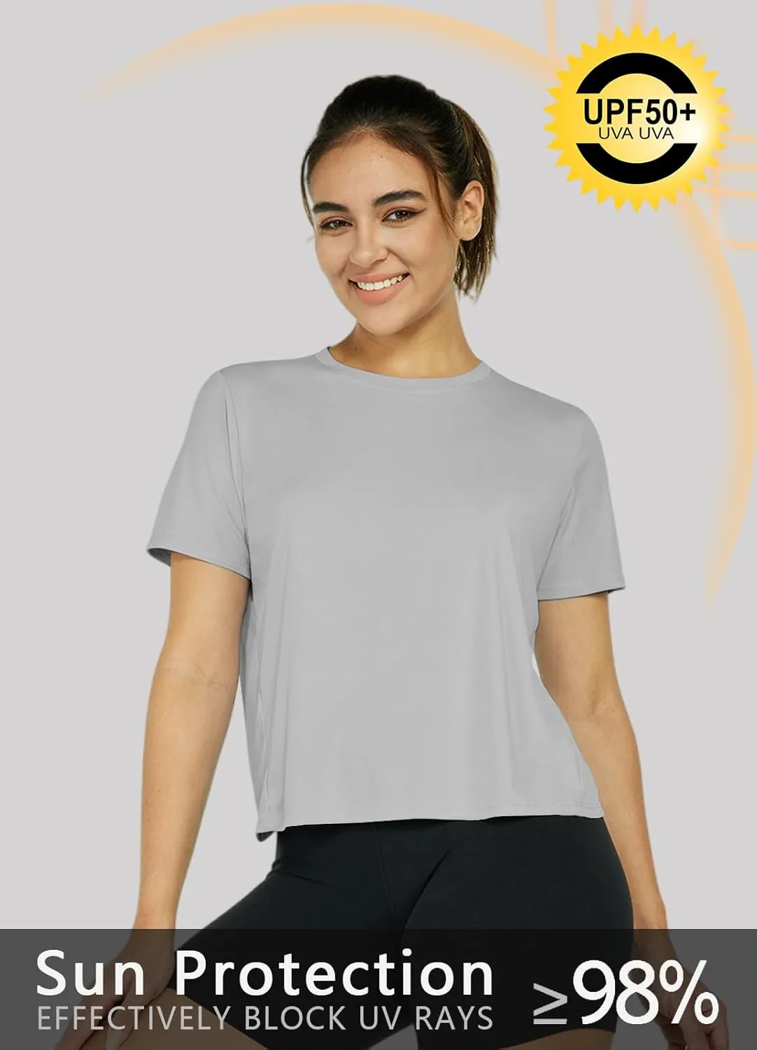 Women's Workout Shirts Short Sleeve Cropped Split Back Athletic Tops Active Running Gym Quick Dry Sun Shirts UPF 50 