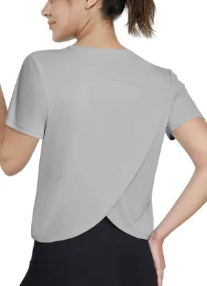 Women's Workout Shirts Short Sleeve Cropped Split Back Athletic Tops Active Running Gym Quick Dry Sun Shirts UPF 50 