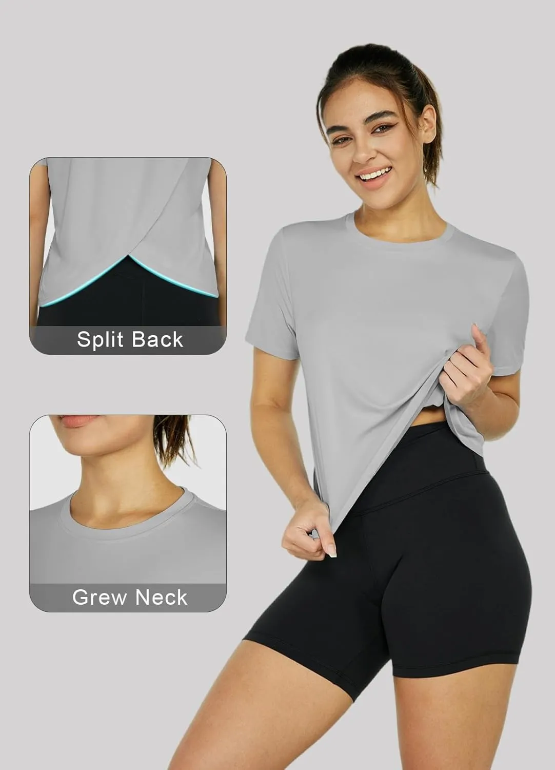 Women's Workout Shirts Short Sleeve Cropped Split Back Athletic Tops Active Running Gym Quick Dry Sun Shirts UPF 50 