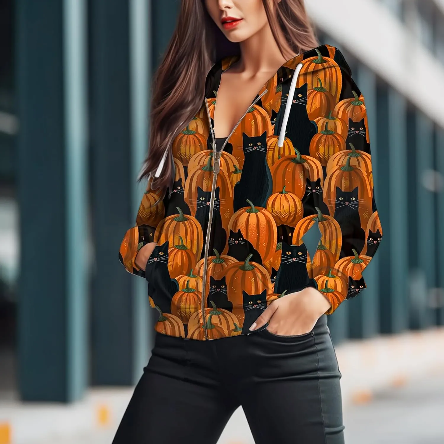 Womens Zip Front Plaid Sweatshirts Print Hoodie Fall Jackets Long Sleeve Casual Drawstring Clothes