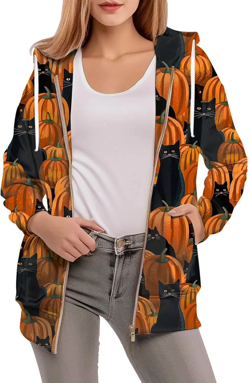 Womens Zip Front Plaid Sweatshirts Print Hoodie Fall Jackets Long Sleeve Casual Drawstring Clothes