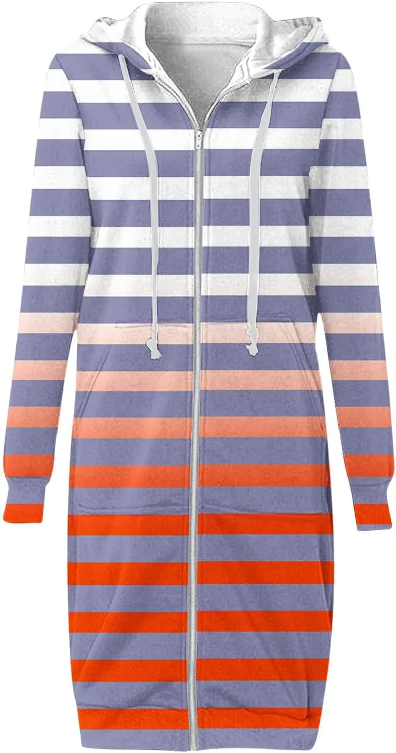 Women's Zip Up Hoodies Oversized Fleece Long Tunic Hooded Sweatshirts Casual Long Sleeve Stripes Hoodie Jacket Coat