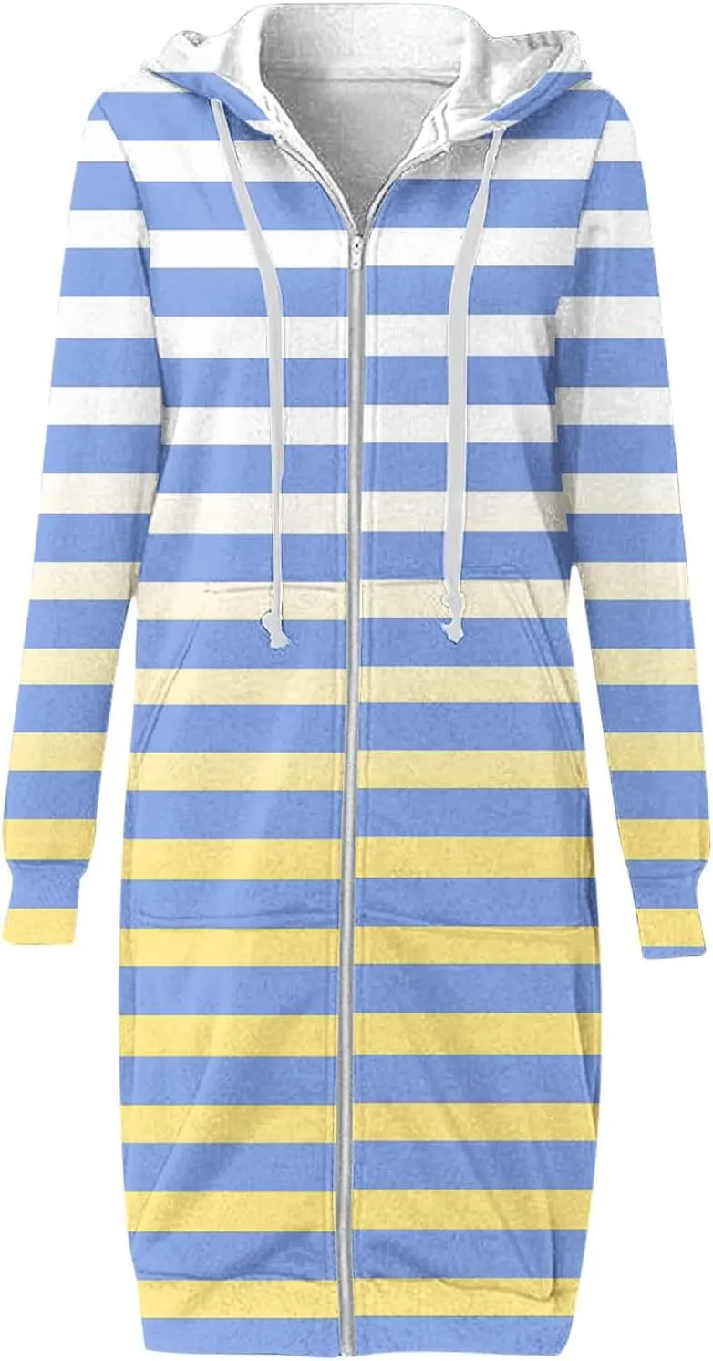 Women's Zip Up Hoodies Oversized Fleece Long Tunic Hooded Sweatshirts Casual Long Sleeve Stripes Hoodie Jacket Coat
